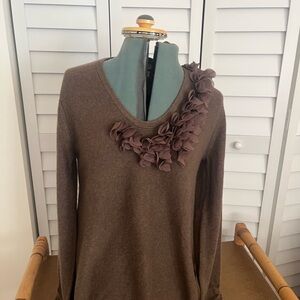 Garnet Hill Brown Sweater with ruffle Accent